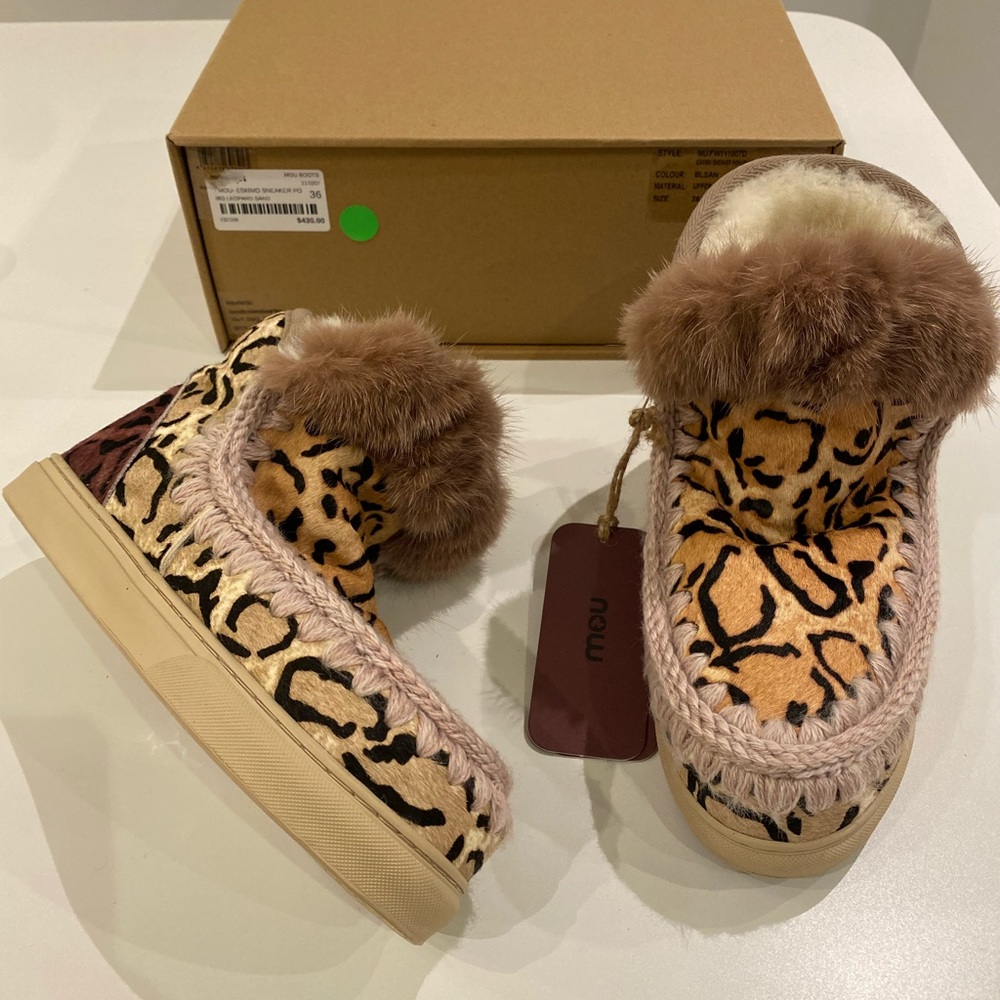 Mou Leopard Print Shearling Trim Ankle Booties in Tan and Brown